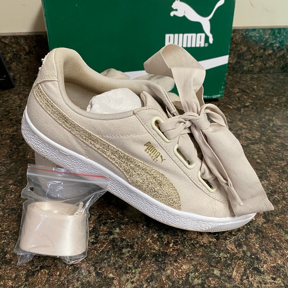 Puma Women's Beige/Sparkle Ribbon-Trim Sneakers